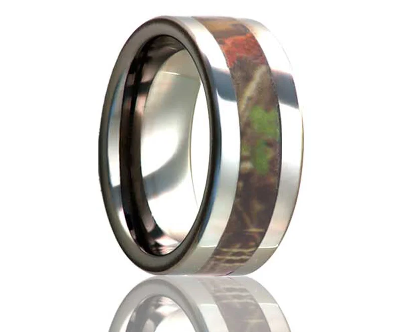 Rings Shimmer Secrets-Flat Edge Timber Leaf Camo Titanium Ring