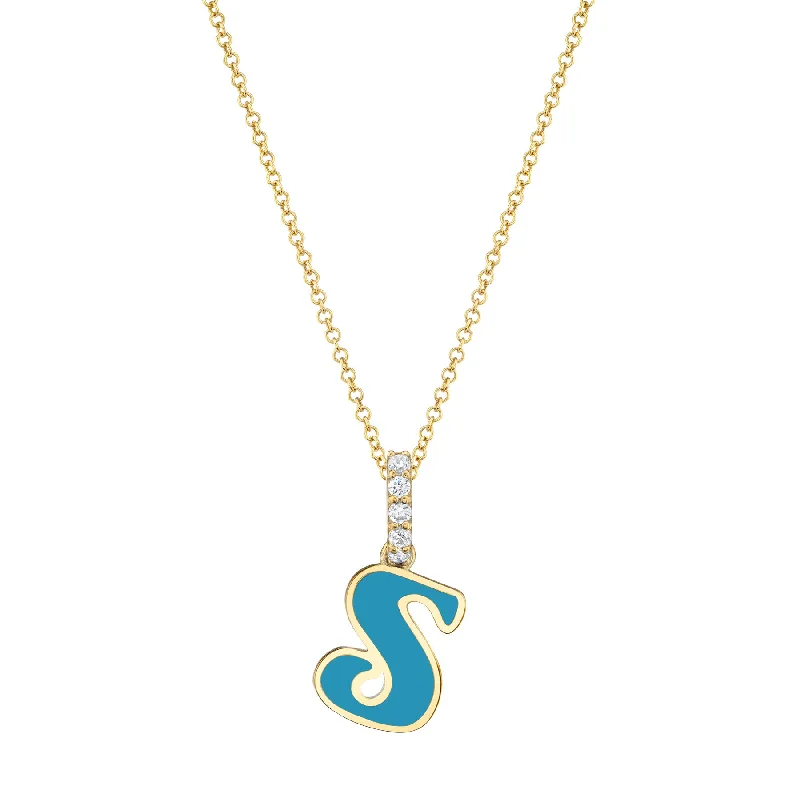 Best Neat Necklaces-Enamel Letter Pendant - White Diamond and Turquoise Enamel / 14k Yellow Gold