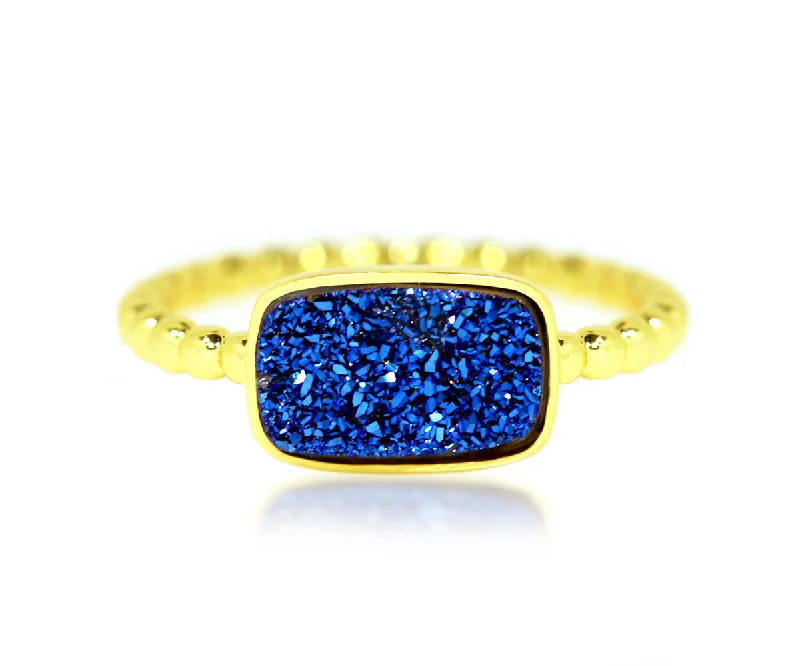 Rings With Obsidian Sheen-Horizontal Rectangle Blue Druzy 14k Gold Ring