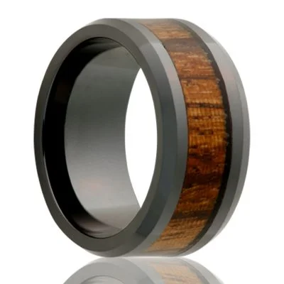 Rings For Subtle Pop-Black Diamond Ceramic Ring with Zebra Wood Inlay