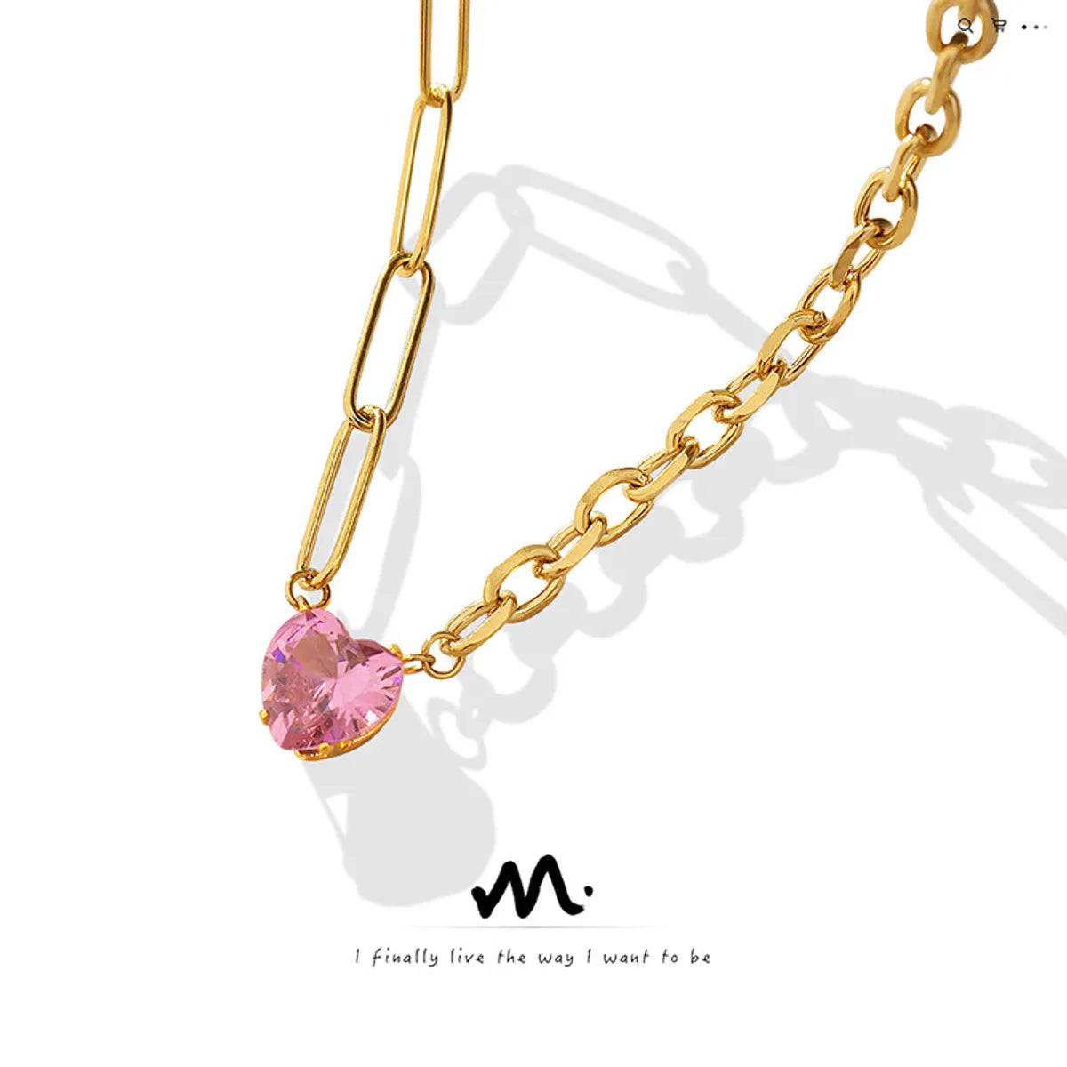 Necklaces For Hike Style-Korean New Trendy Pink Zircon Inlaid Heart Pendant Titanium Steel Necklace