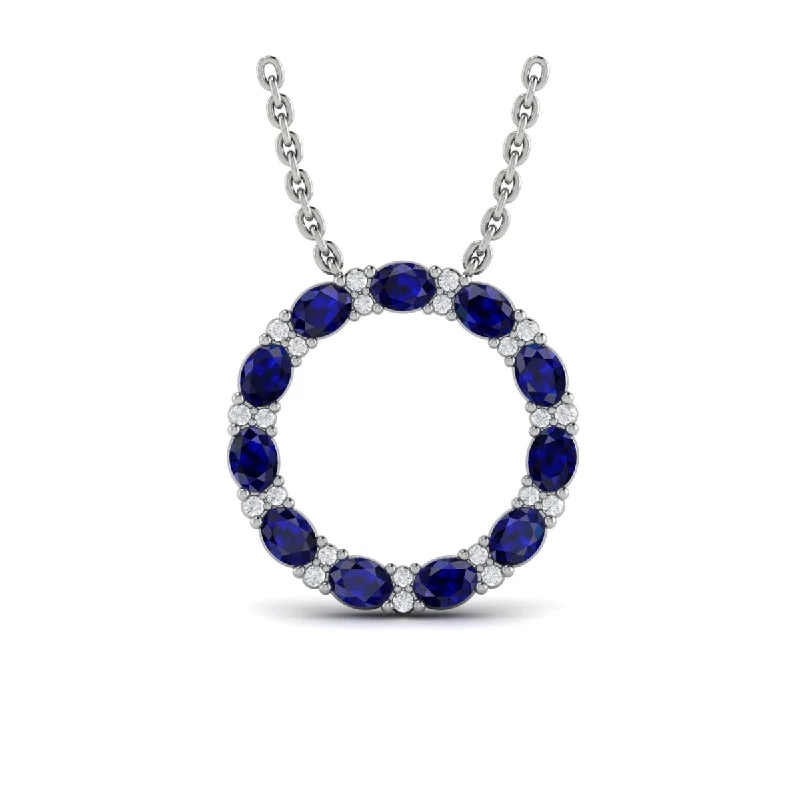 Necklaces Build Rating-Oval Blue Sapphire and Diamond Open Circle Pendant Necklace