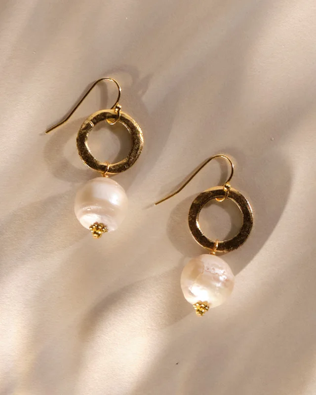 Earrings For Ear Cuffs-Hammered Circle and Freshwater Pearl Drop Earring (ER565)