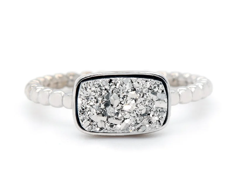 Rings For Sprouting Teens-Horizontal Rectangle Platinum Druzy Ring