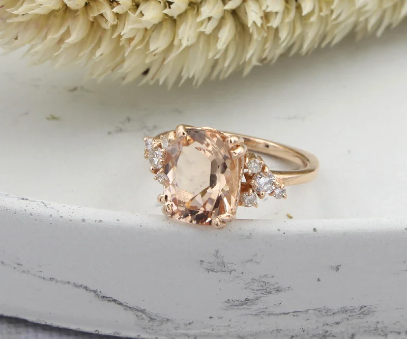 Rings For Serene Spark-Romantic Asymmetrical Morganite Rose Gold Cluster Diamond Ring