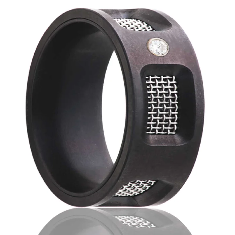 Rings For Dawn Reflections-Flat Zirconium Band with Mesh Screen and One Diamond