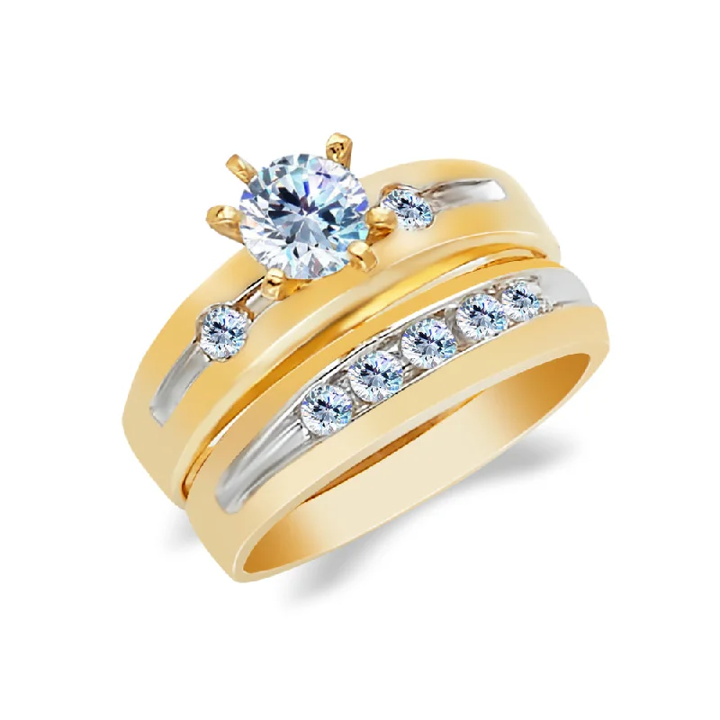 Rings For Charm Clusters-14K Two Tone Solid Gold 0.75 Ct. Round Cut CZ Wedding Engagement Ring 2 Piece Bridal Set