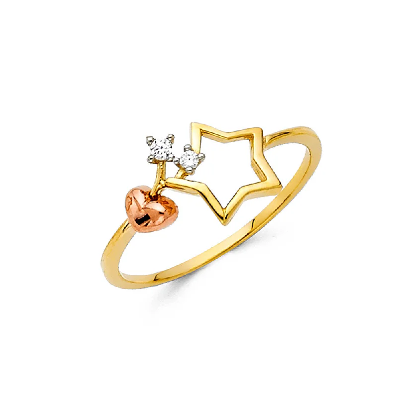 Rings For Forest Paths-14K Solid Gold Star with Hearts CZ Fancy Ring