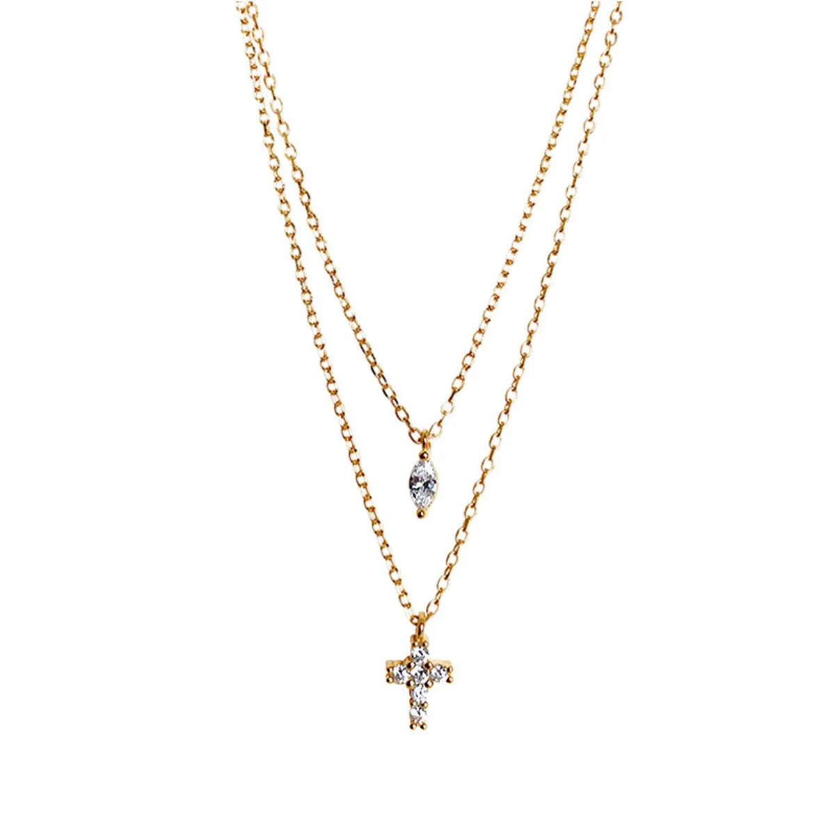 Double-Layer Cross Water Drop Necklace (Yellow Gold)