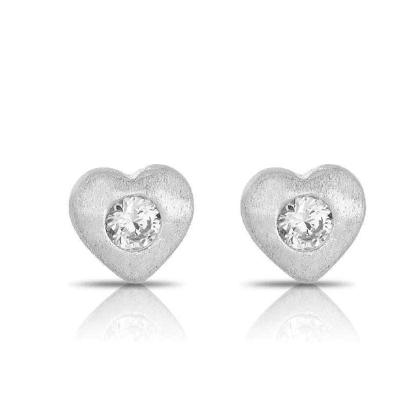 Best Pure Earrings-C.Z. Sterling Silver Rhodium Plated Brushed Bezel Set Heart Shape Earrings