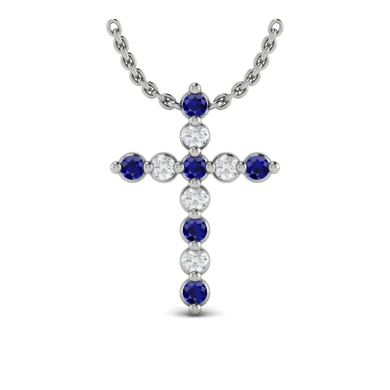 Necklaces Gloss Tips-Diamond and Blue Sapphire  Cross Pendant Necklace