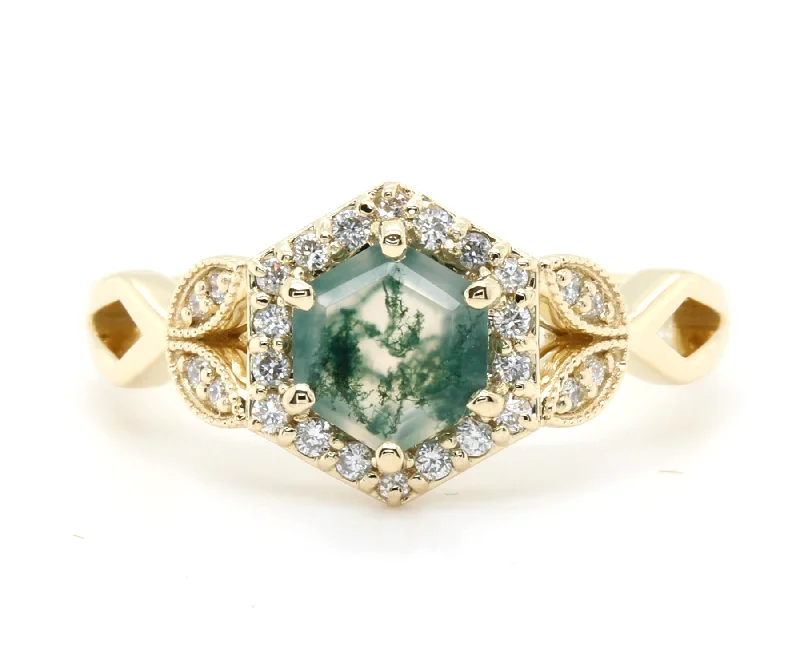 Best Lift Rings-Hexagon Moss Agate Halo Gold Art Deco Ring