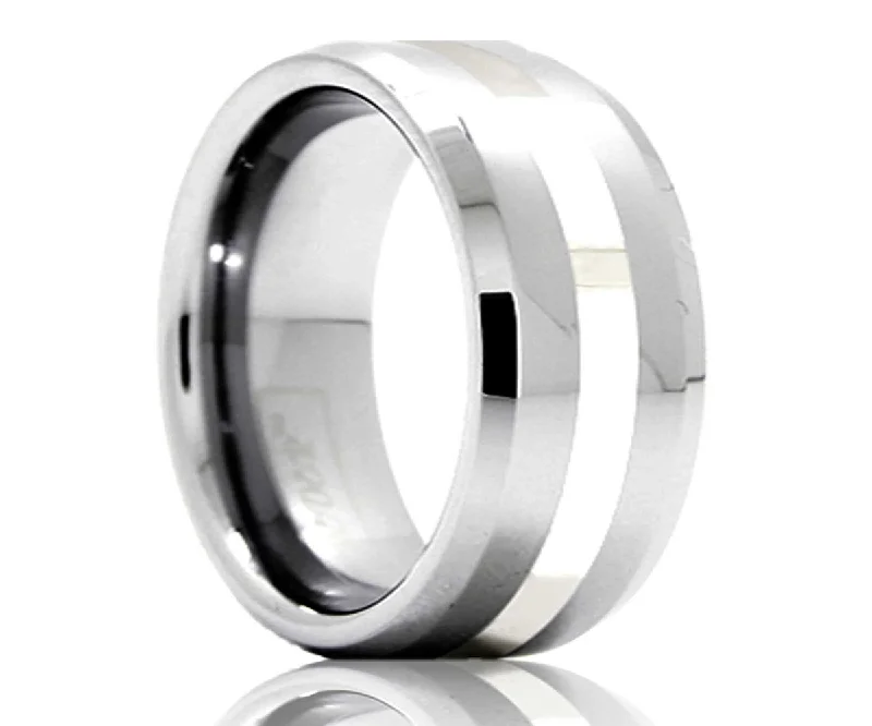 Rings For Fusion Looks-Men's Beveled Edge Tungsten Ring With Platinum Inlay