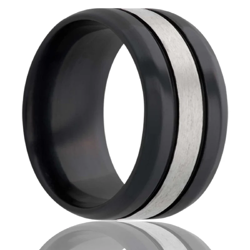 Rings Gleam Tricks-Double Groove Silver Satin Center Black Zirconium Ring