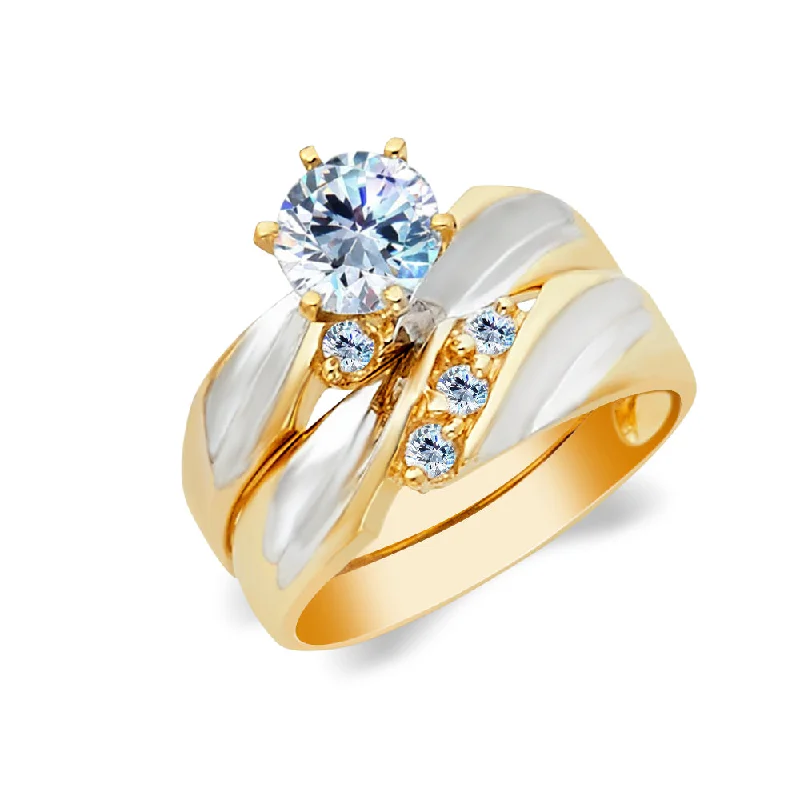 Best Base Rings-14K Two Tone Solid Gold 1 Ct. Round Solitaire CZ Wedding Engagement Ring 2 Piece Bridal Set