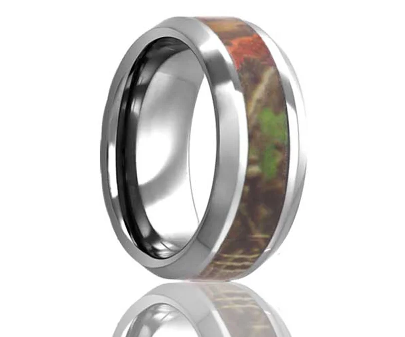 Rings Slip Hacks-Beveled Edge Timber Leaf Camo Tungsten Ring