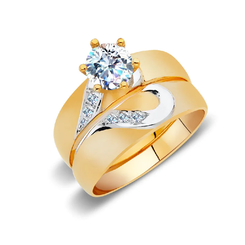 Rings For Library Hours-14K Solid Gold Two Tone CZ Wedding Engagement Ring 2 Piece Bridal Set