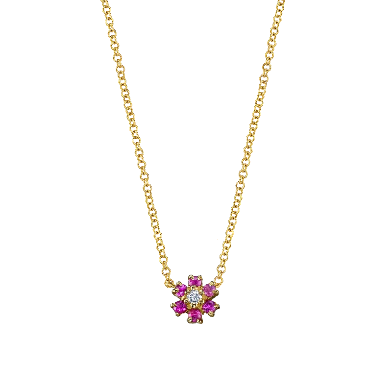 Necklaces For Full Chests-Mini Flower Necklace - Ruby / 14k Yellow Gold