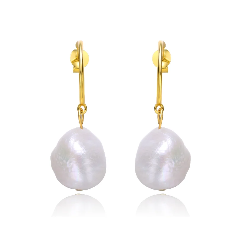 Earrings With Warm Pops-Sterling Silver 14k Yellow Gold Plated with Baroque Oval White Pearl Dangle Drop C-Hoop Earrings