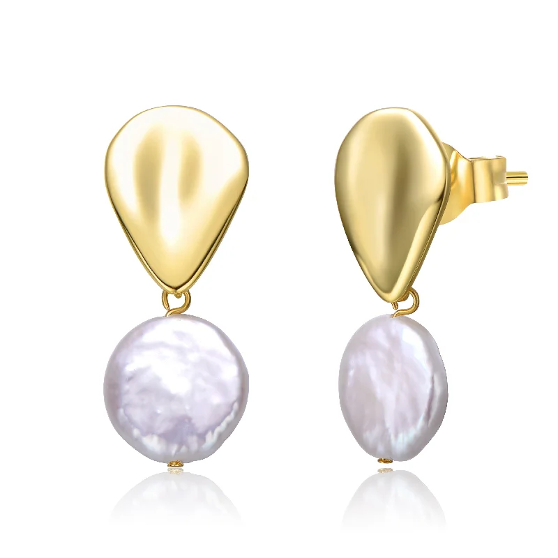 Low Glint Earrings-Sterling Silver 14k Yellow Gold Plated with White Coin Pearl Raindrop Double Dangle Drop Earrings