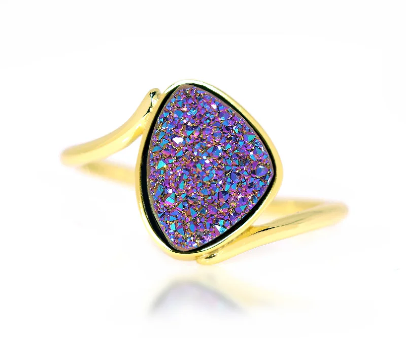 Rings For Tireless Adults-Bypass Trillion Purple Rainbow Druzy Gold Ring