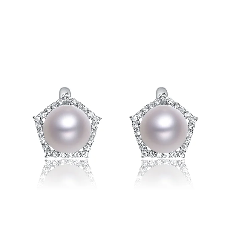 Earrings Luster Tips-Cubic Zirconia Sterling Silver Rhodium Plated Pearl Earrings