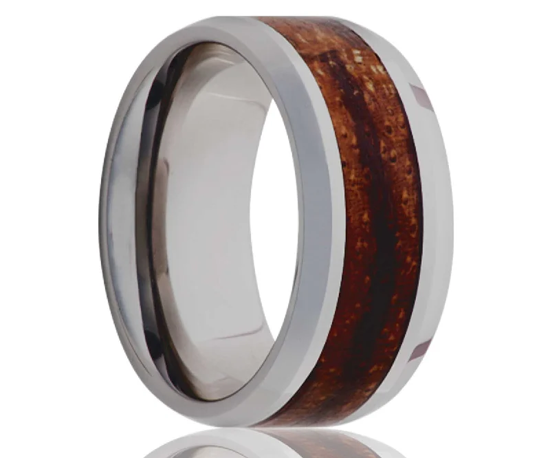 Rings For Ear Drops-Men's Beveled Edge Tungsten Ring With Zebra Wood Inlay