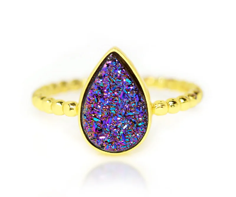 Rings Pursuit Tactics-Teardrop Purple Rainbow Druzy Gold Ring