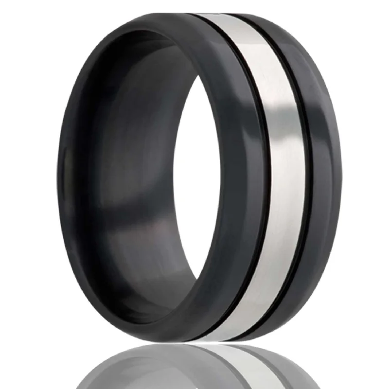 Rings Grip Secrets-Double Groove Silver Center Black Zirconium Ring