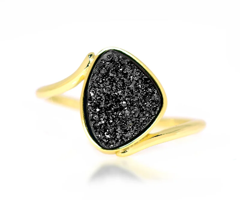 Rings With Electric Hues-Bypass Trillion Black Druzy 14K Gold Ring