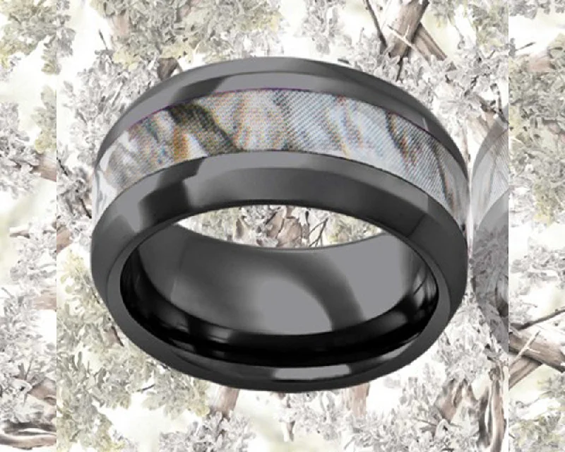 Rings For Regal Celebrations-Beveled Edge Snow Shadow Camo Black Ceramic Ring