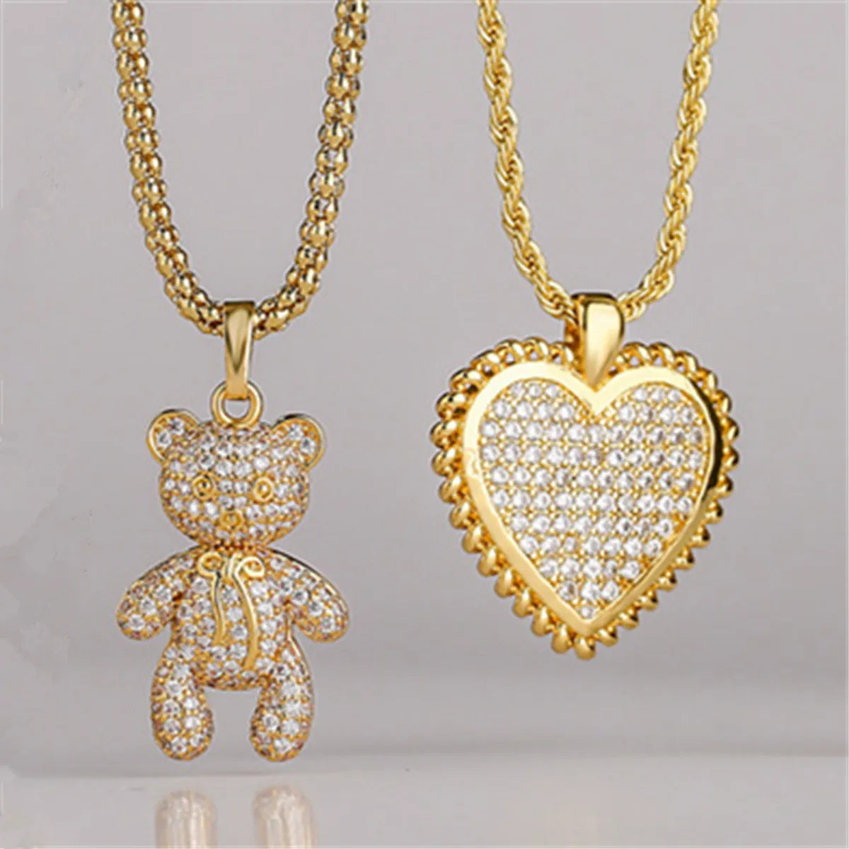 Calm Necklaces For Peace-Cartoon Style Bear Heart Shape Copper Plating Inlay Zircon Sweater Chain 1 Piece