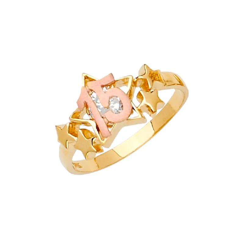 New Spark Rings-14K Solid Gold CZ Star Quinceanera Ring