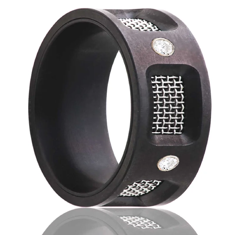 Best Shape Rings-Flat Zirconium Band with Mesh Screen and Five Diamonds