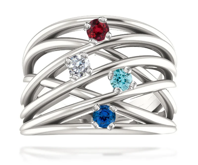 Rings For Heavy Wear-Wide MultiRow Contemporary Mothers Birthstone Family Silver Ring