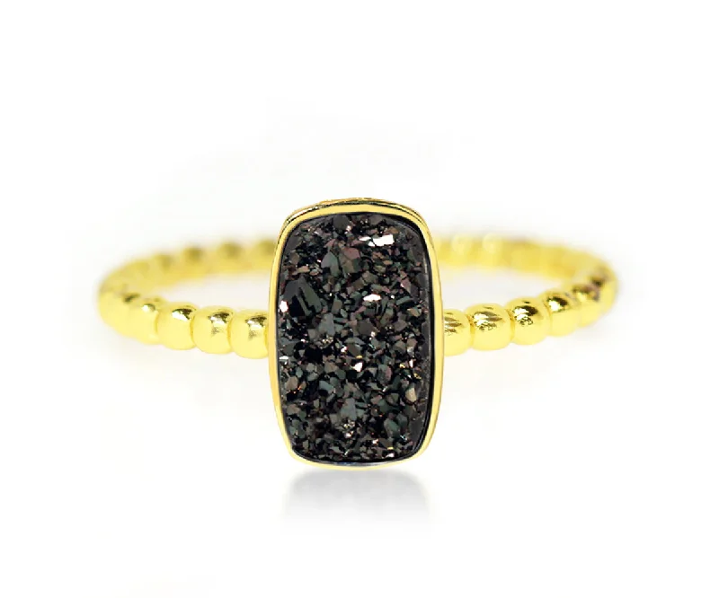 Rings For Faceted Stones-Vertical Rectangle Sapphire Black Druzy 14K Gold Ring