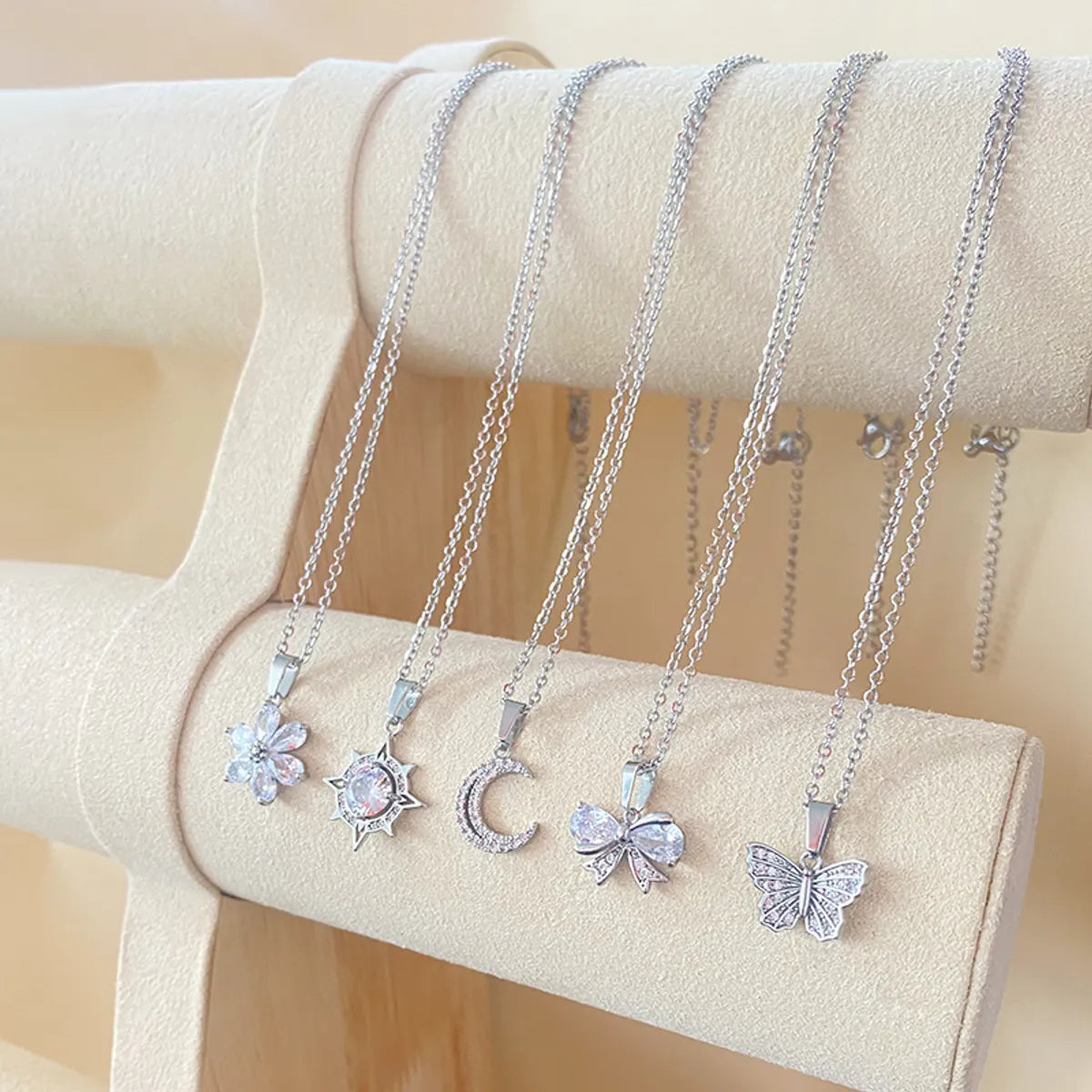 Necklaces For Stage Nights-Elegant Luxurious Shiny Moon Butterfly Bow Knot Stainless Steel Copper Epoxy Plating Inlay Rhinestones Zircon White Gold Plated Pendant Necklace