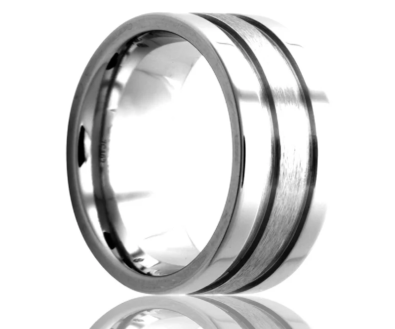 Rings For Knotted Bands-Cobalt Flat Double Grooved Ring