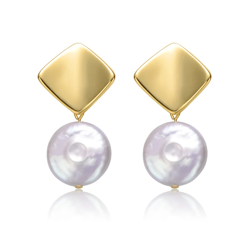 Earrings For Deep Flair-Sterling Silver 14k Yellow Gold Plated with White Coin Pearl Double Dangle Square Earrings