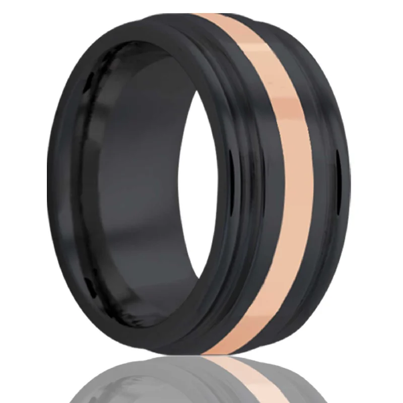 Rings With Hammered Frames-Double Grooved Edge Silver Inlay Black Zirconium Ring