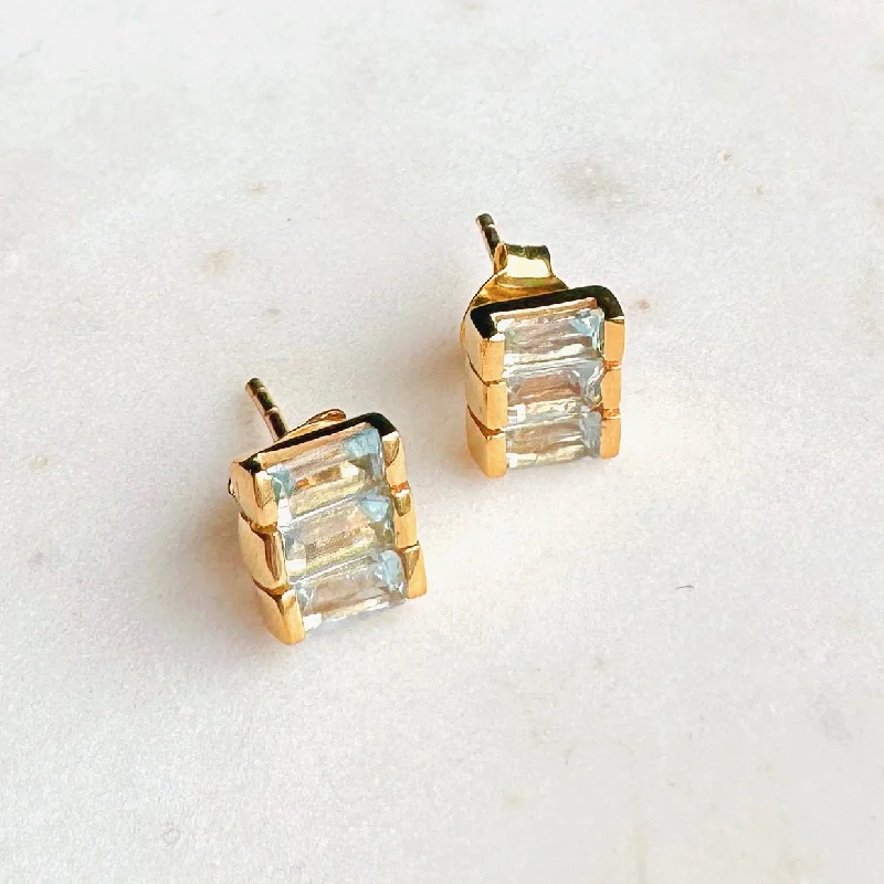 Earrings For Low Brows-Triple Baguette Gemstone Stud Earrings