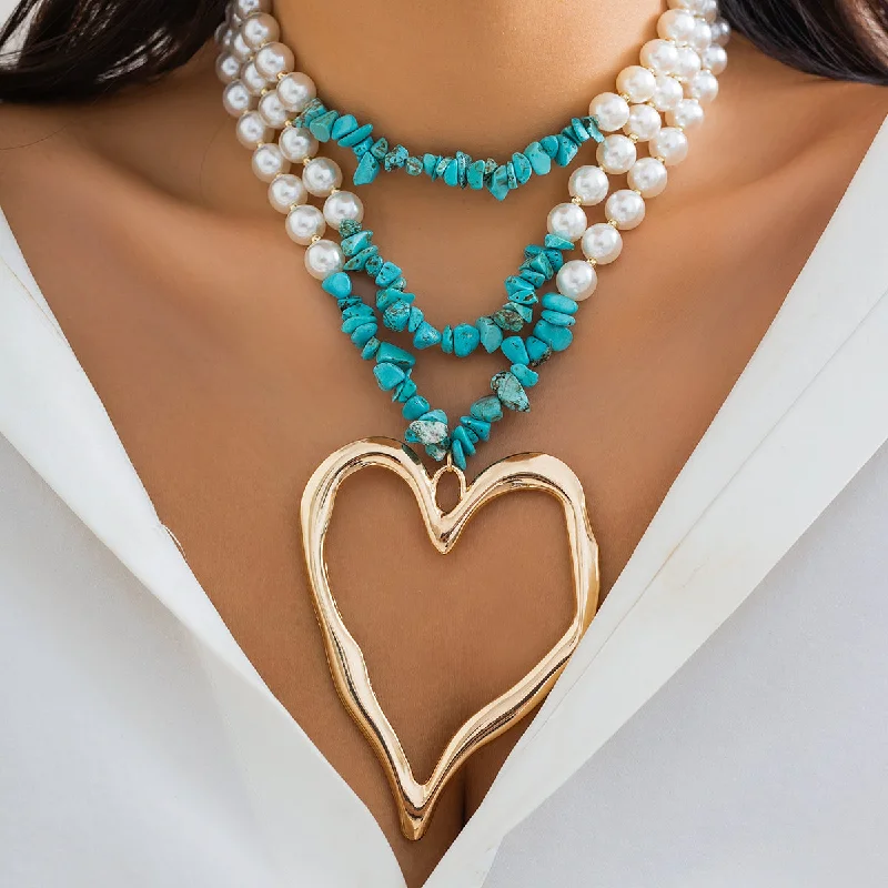 Necklaces For Tight Looks-Retro Exaggerated Cool Style Irregular Round Heart Shape Imitation Pearl Alloy Turquoise Beaded Layered Women's Layered Necklaces