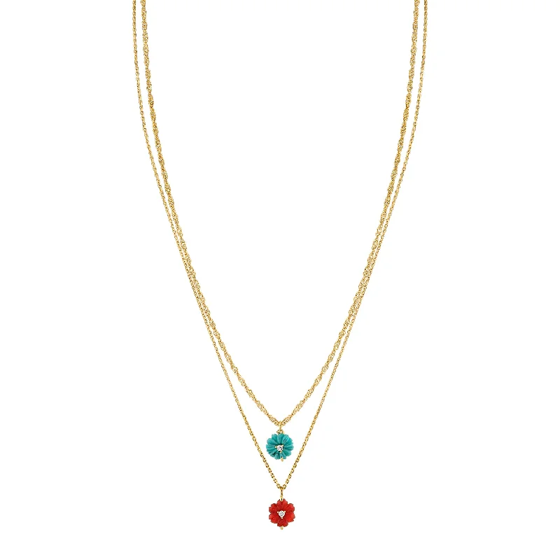 Necklaces For Pack Light-Double Drop Carved Flower Necklace - White Diamond and Turquoise / 14k Yellow Gold