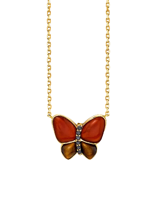 Necklaces For Deep Taste-Hand Carved Butterfly Necklace - Red Agate Tigers Eye and Black Diamond / 14k Yellow Gold