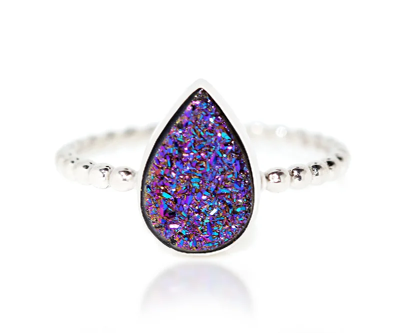 Grand Rings For Majesty-Teardrop Purple Rainbow Druzy Ring