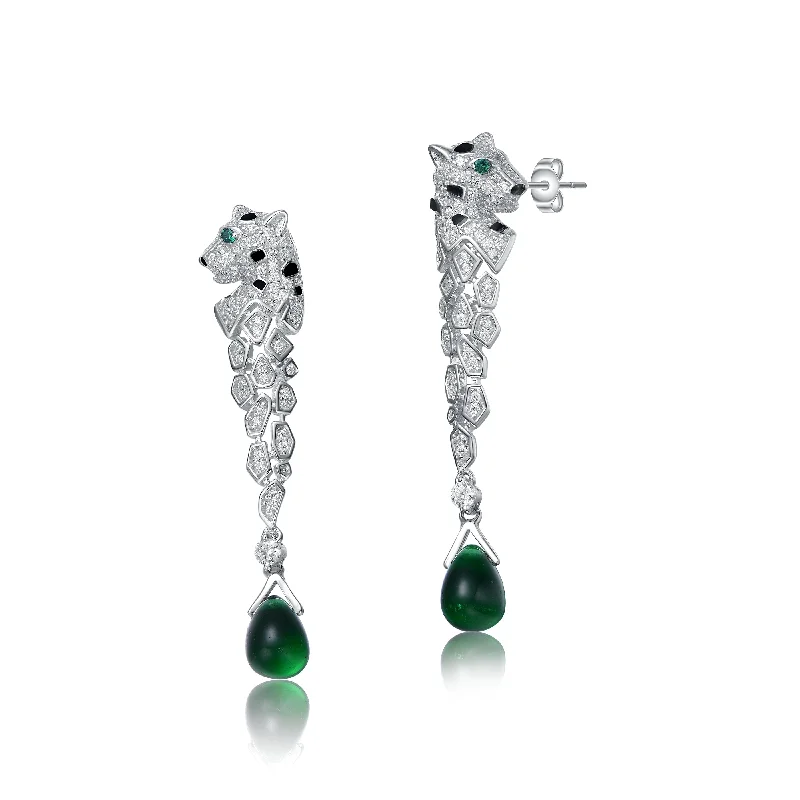 Earrings Grip Test-Sterling Silver Rhodium Plated with Emerald and Clear Cubic Zirconia Fauna Drop Earrings