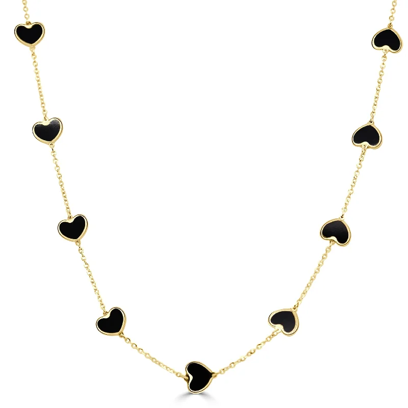 Necklaces For Office Looks-14k Gold & Onyx Heart Station Necklace