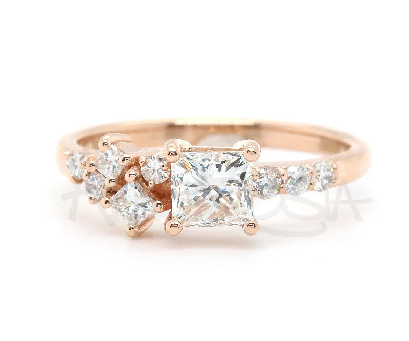 Rings For Fierce Flash-Princess Diamond Offset Cluster Rose Gold Ring