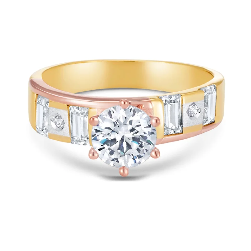 Rings Wear Tales-14K Tri Color Solid Gold 1 Ct. Round Cut CZ Wedding Engagement Ring 2 Piece Bridal Set