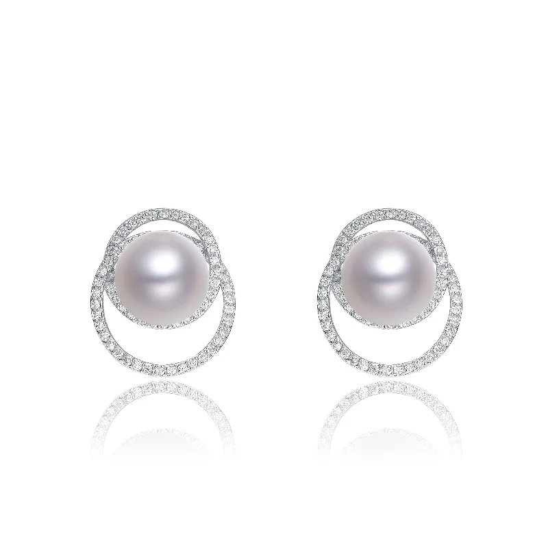 Earrings With Cool Shades-Cubic Zirconia Sterling Silver Rhodium Plated Round Pearl Earrings